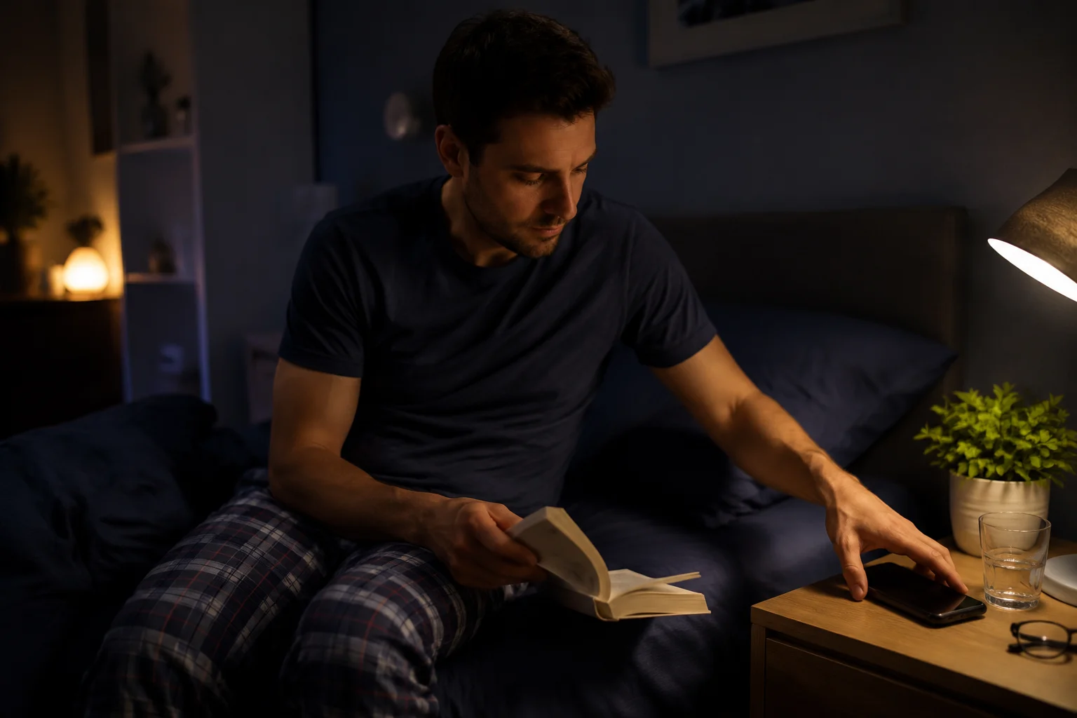 Une personne pose son téléphone avant de lire au coucher