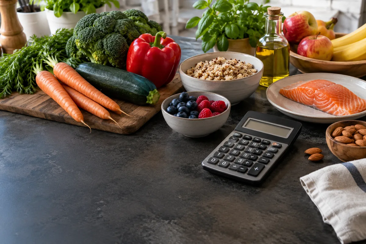 Une calculatrice entourée de légumes, de fruits, de céréales et de saumon
