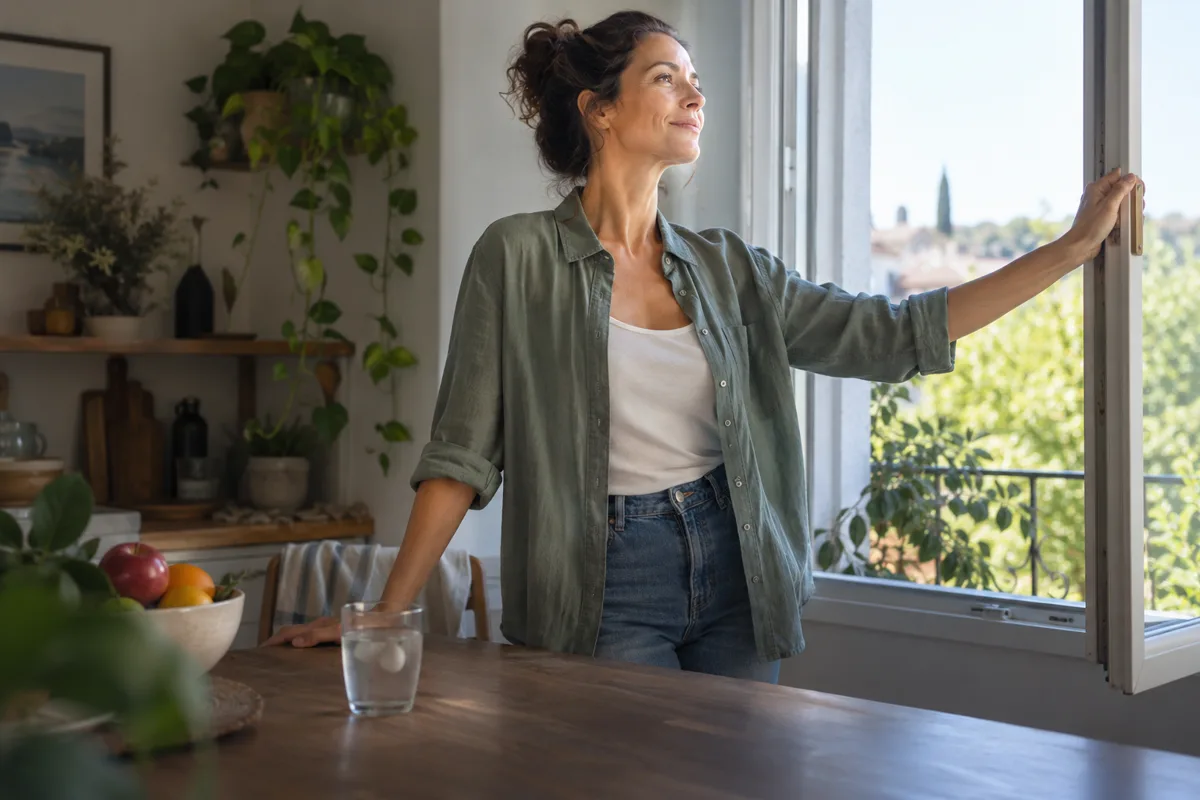 Une femme prend une pause bien-être près d’une fenêtre ouverte