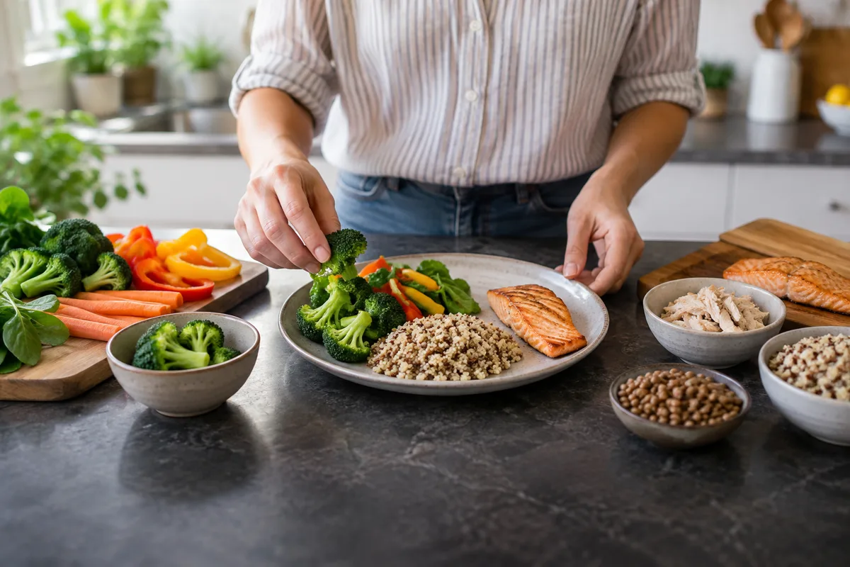 Une personne compose une assiette équilibrée avec différents groupes d’aliments