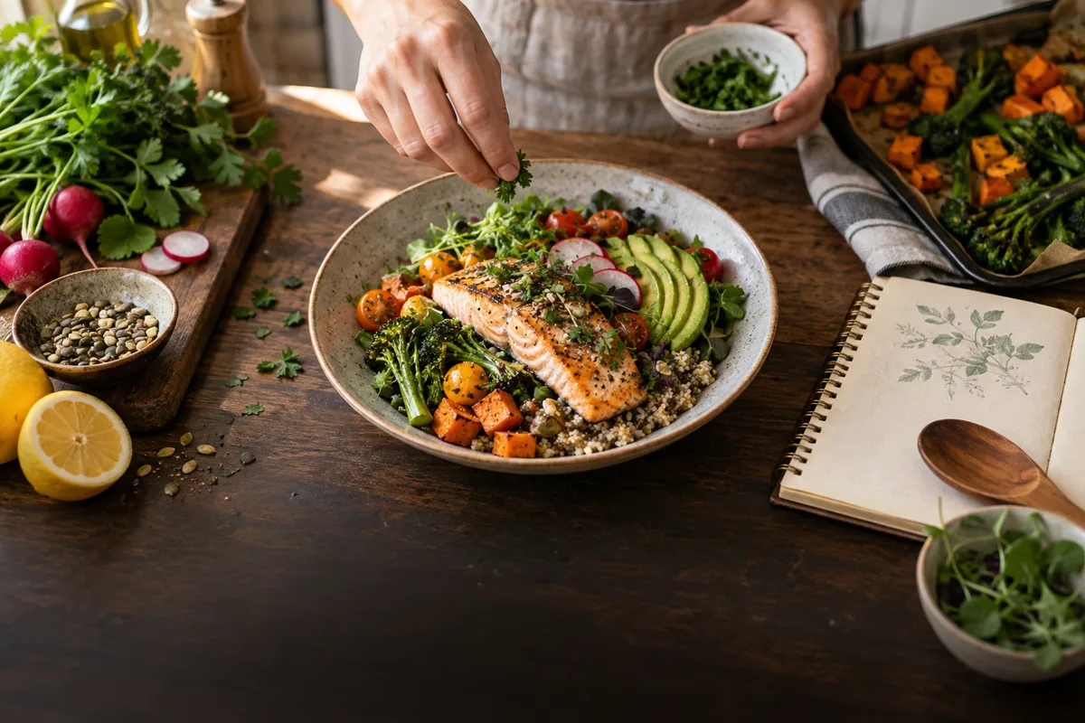 Une personne termine un plat coloré avec des herbes fraîches