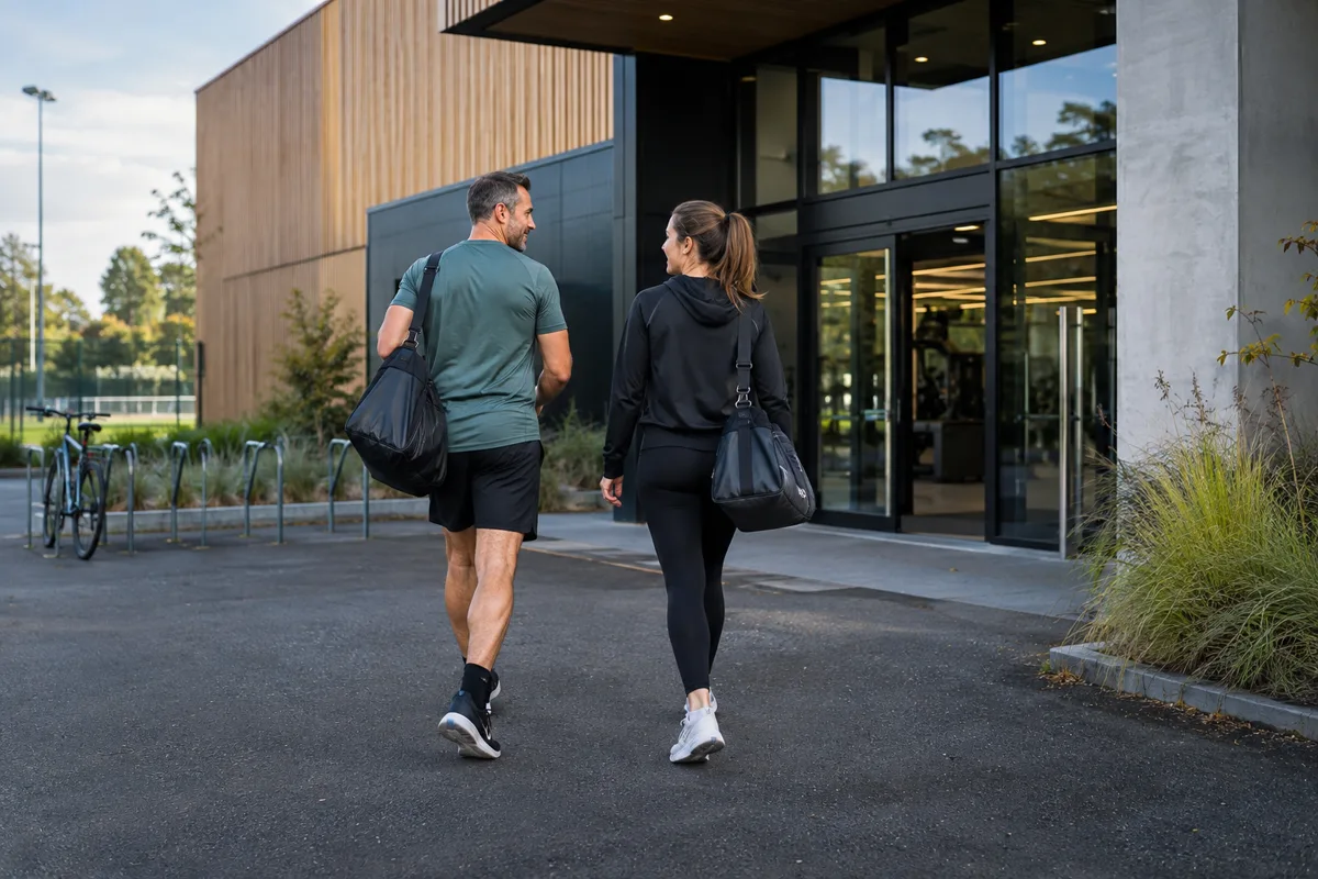 Deux adultes arrivent dans un centre sportif avec leurs sacs