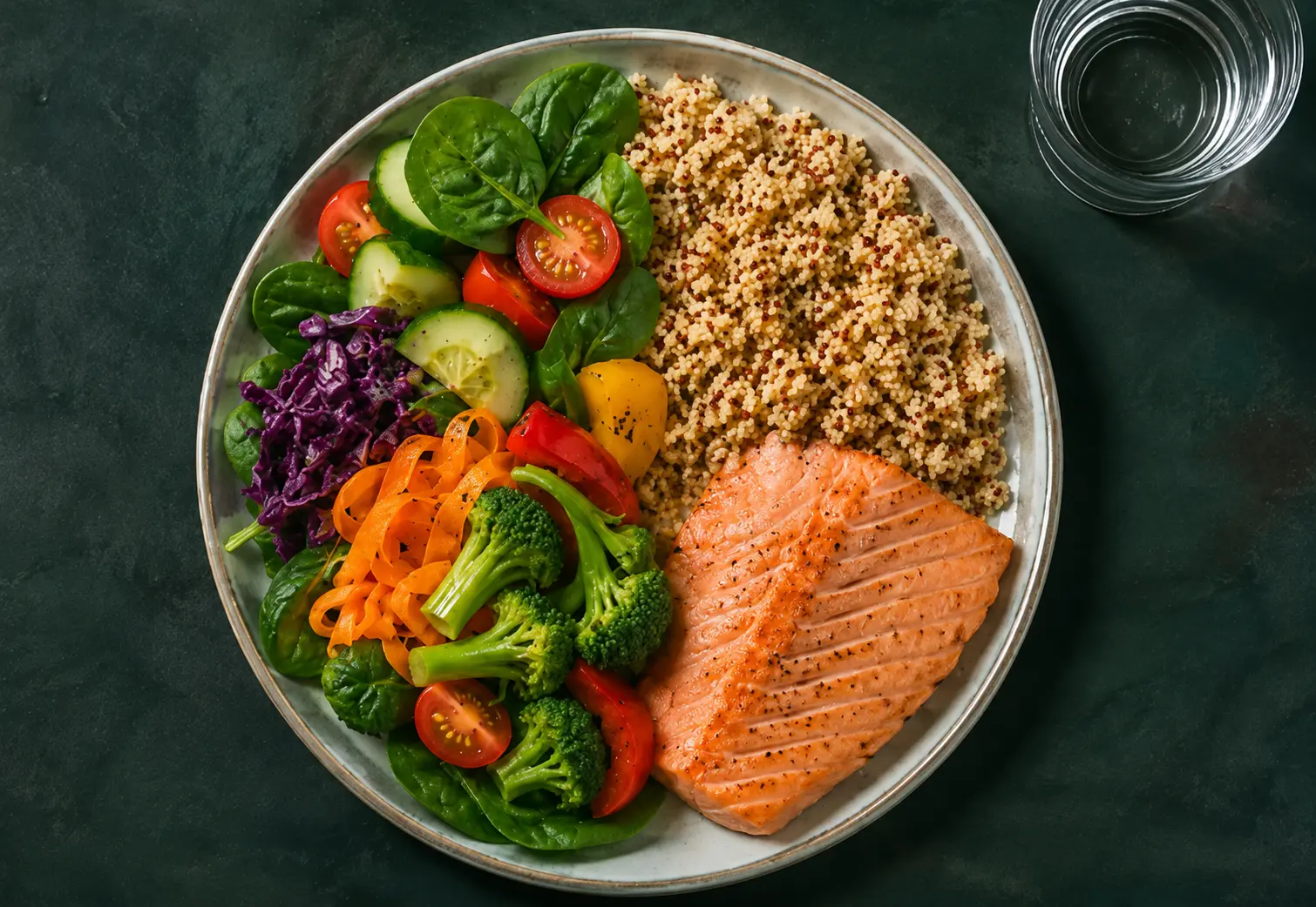 Exemple d’assiette composée pour moitié de légumes, pour un quart de céréales complètes et pour un quart d’un filet de saumon