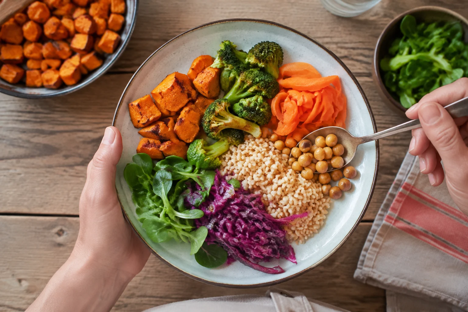 Une assiette composée de légumes, céréales complètes et pois chiches