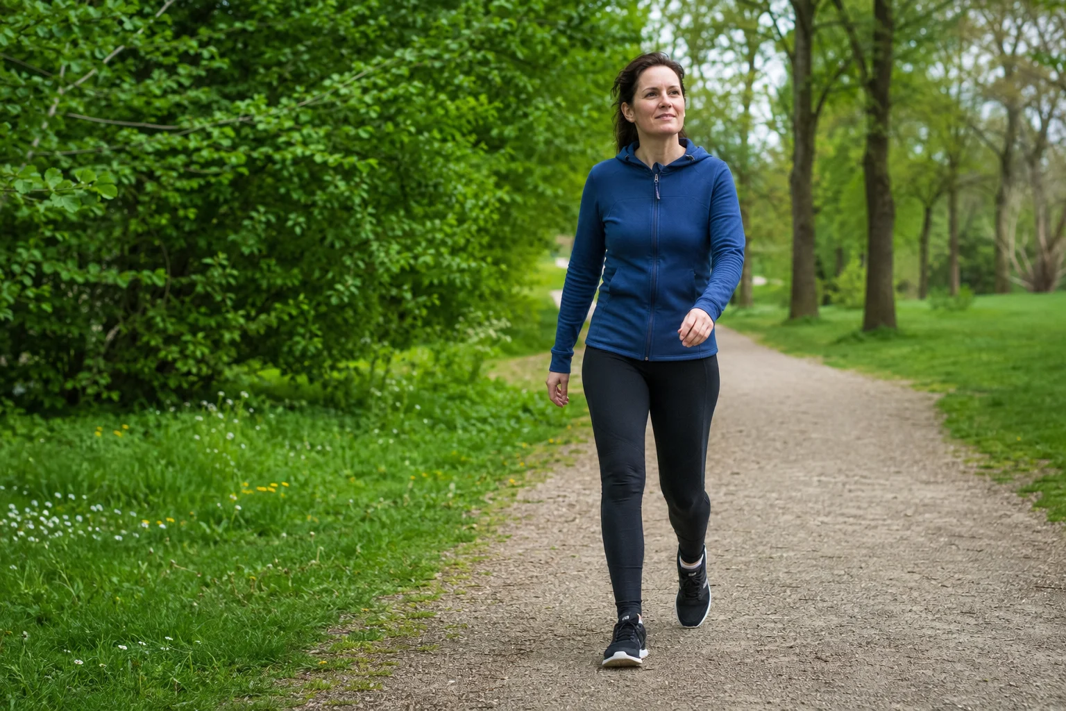 Une femme marche d’un bon pas dans un parc