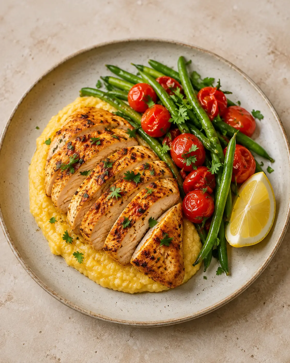 Poulet paprika-citron sur polenta avec haricots verts et tomates cerises