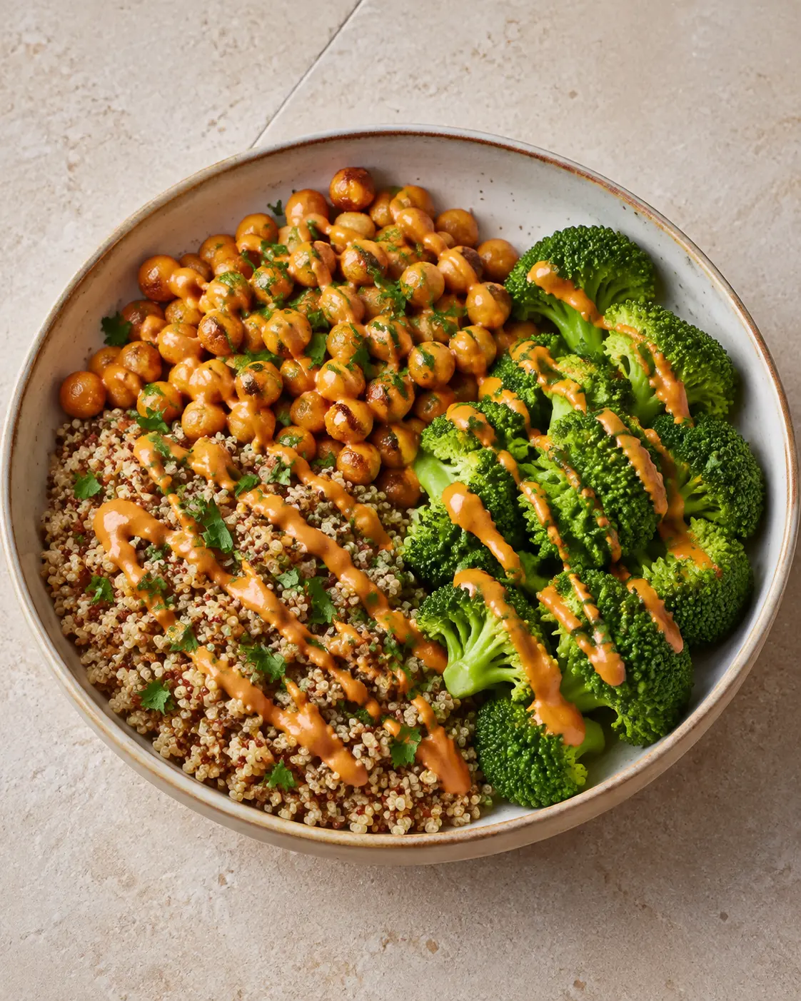 Quinoa croustillant avec pois chiches dorés, brocoli vapeur et sauce orange-tahin