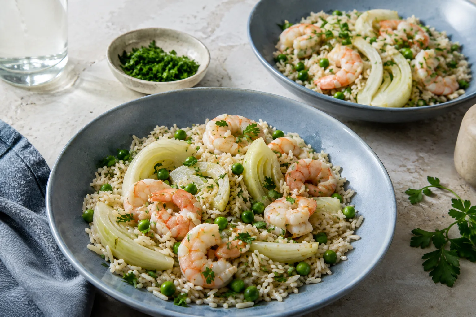 Riz semi-complet aux crevettes citronnées, fenouil et petits pois