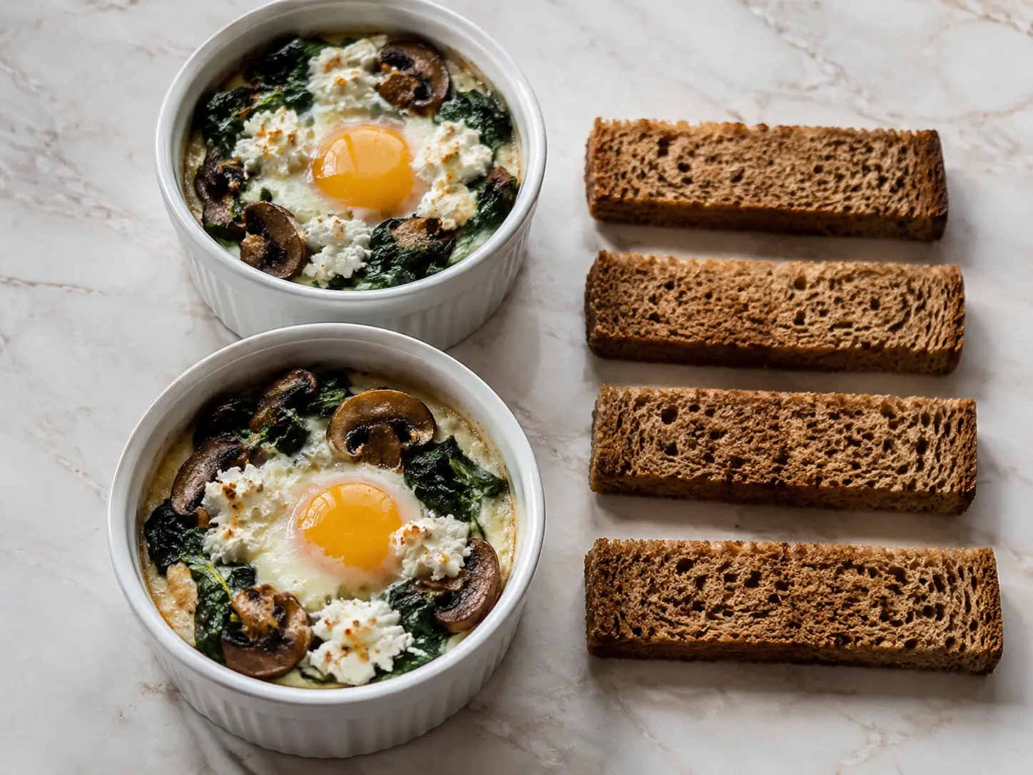 Œufs cocotte aux épinards, champignons et chèvre avec mouillettes de pain complet au seigle