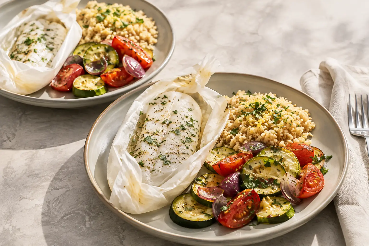 Merlu en papillote accompagné de quinoa citronné et de légumes rôtis