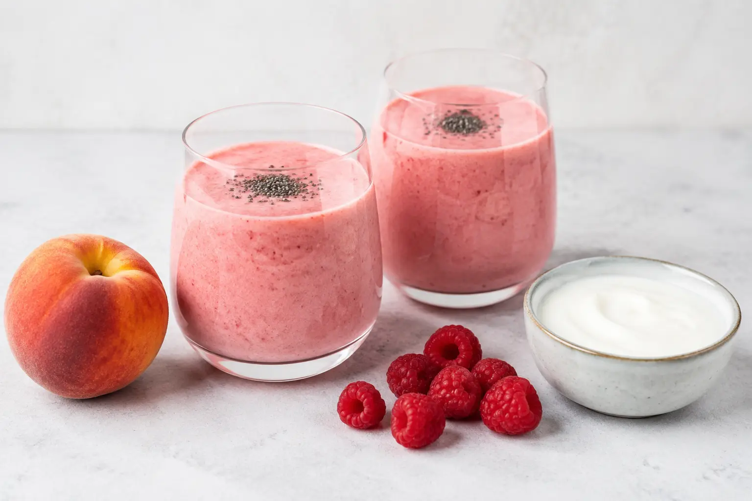 Smoothie rose à la pêche, aux framboises, au fromage blanc et aux graines de chia