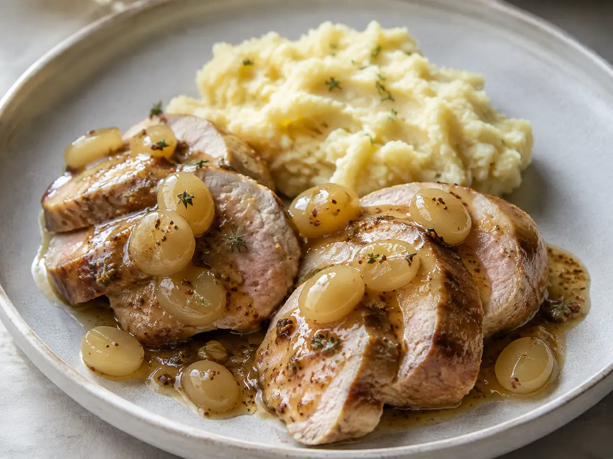 Filet mignon tranché, sauce aux raisins et à la moutarde, avec écrasé de pommes de terre