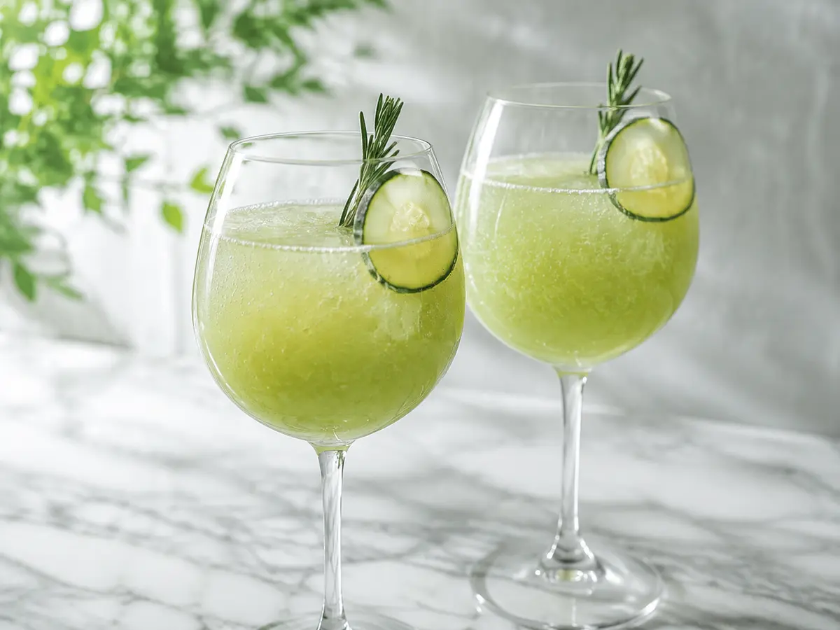 Deux verres de boisson pétillante pomme-concombre, citron vert et romarin