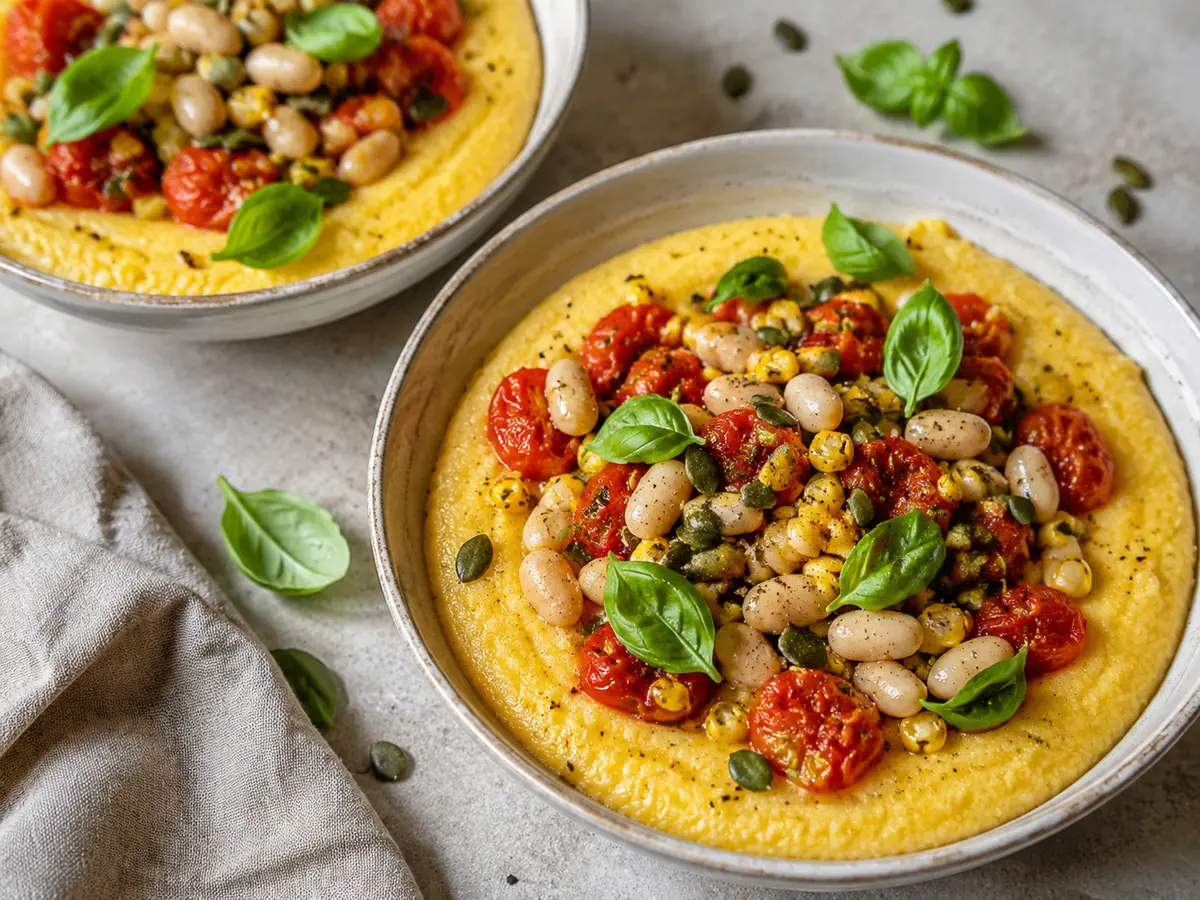 Polenta crémeuse garnie de haricots blancs, maïs, tomates rôties, graines de courge et basilic