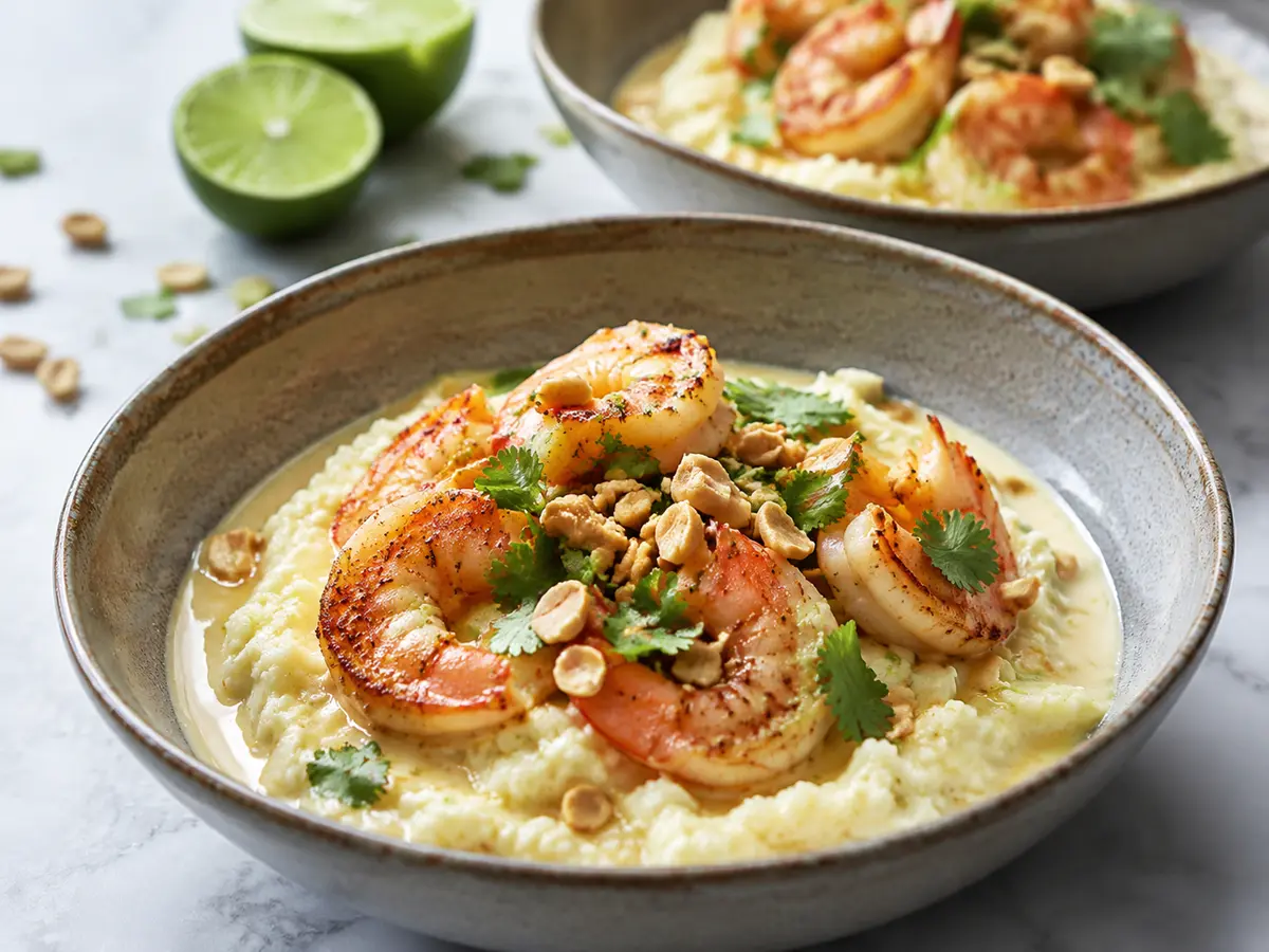 Crevettes à la sauce coco et citron vert sur écrasé de chou-fleur avec cacahuètes