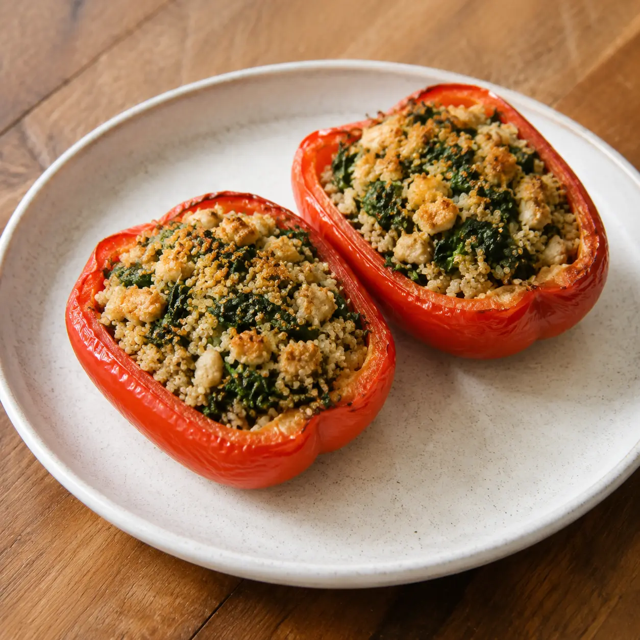 Poivrons rouges farcis de dinde, quinoa et épinards