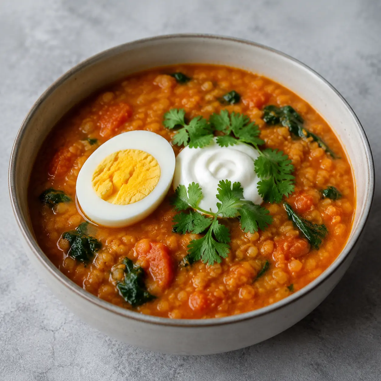 Soupe épaisse de lentilles corail, carotte, tomate et épinards avec œuf et yaourt