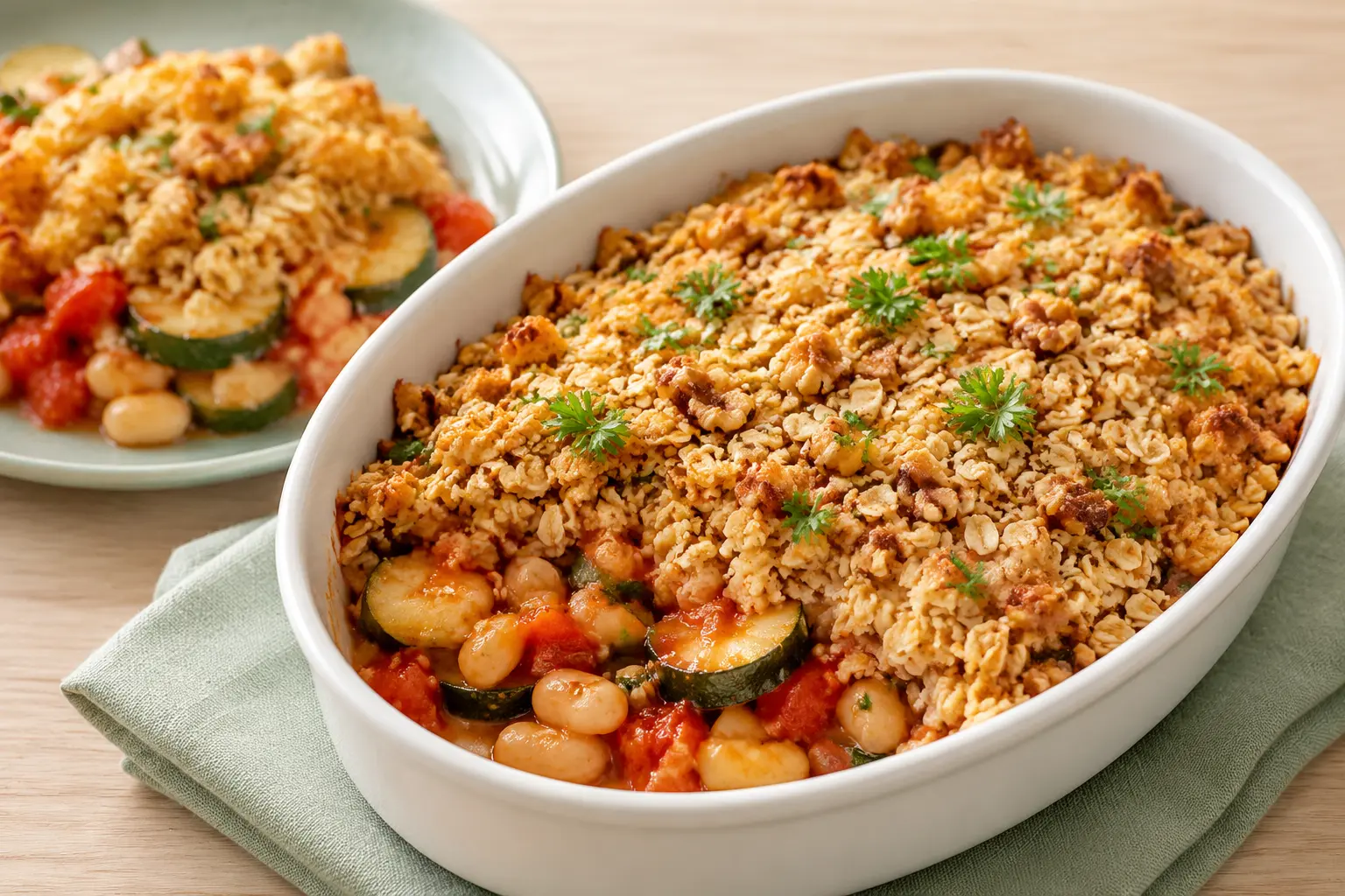 Crumble végane doré aux courgettes, tomates, haricots blancs, avoine et noix
