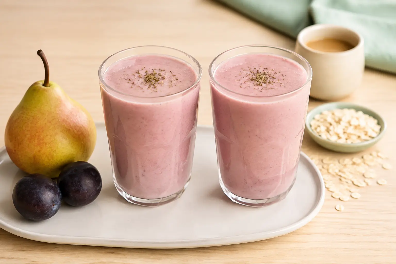 Deux verres de smoothie rose à la poire, prune, avoine, amande et cardamome