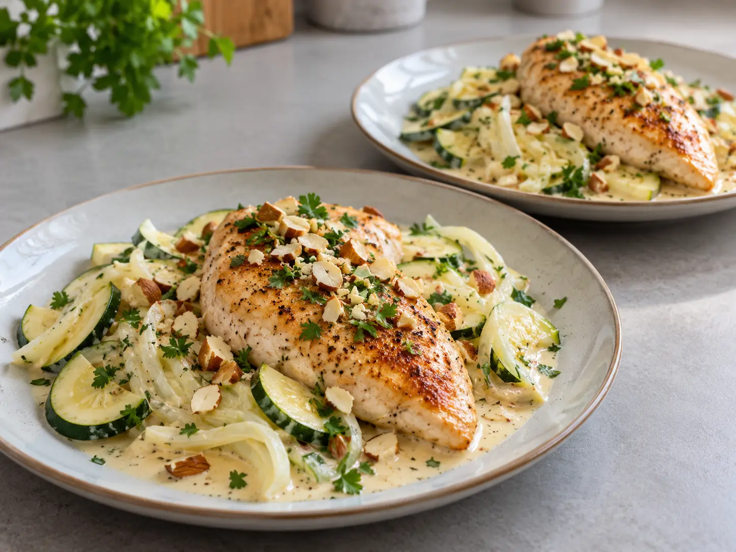 Filets de poulet dorés avec fenouil et courgette dans une sauce crémeuse au citron, parsemés d’amandes