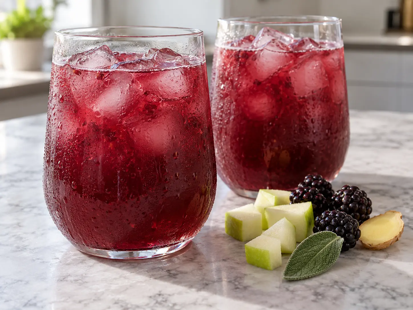 Deux grands verres de thé glacé rouge violet à la pomme, à la mûre, au gingembre et à la sauge