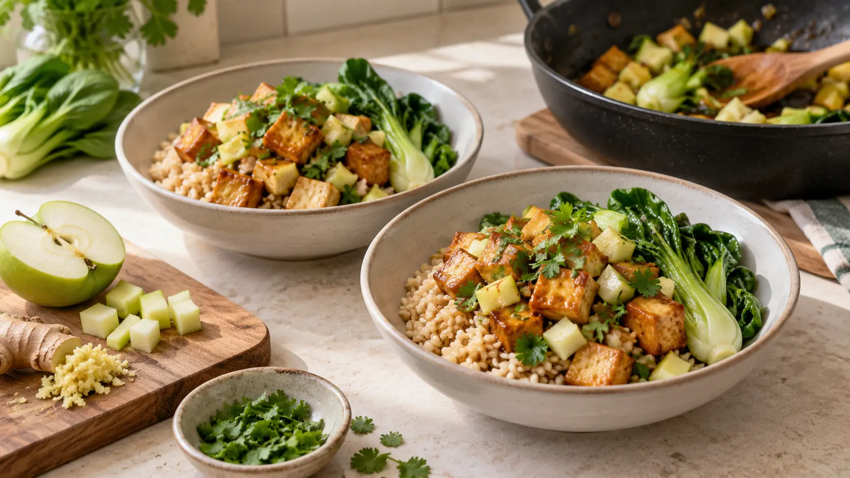 Tofu croustillant laqué à la pomme et au gingembre avec riz semi-complet et pak-choï