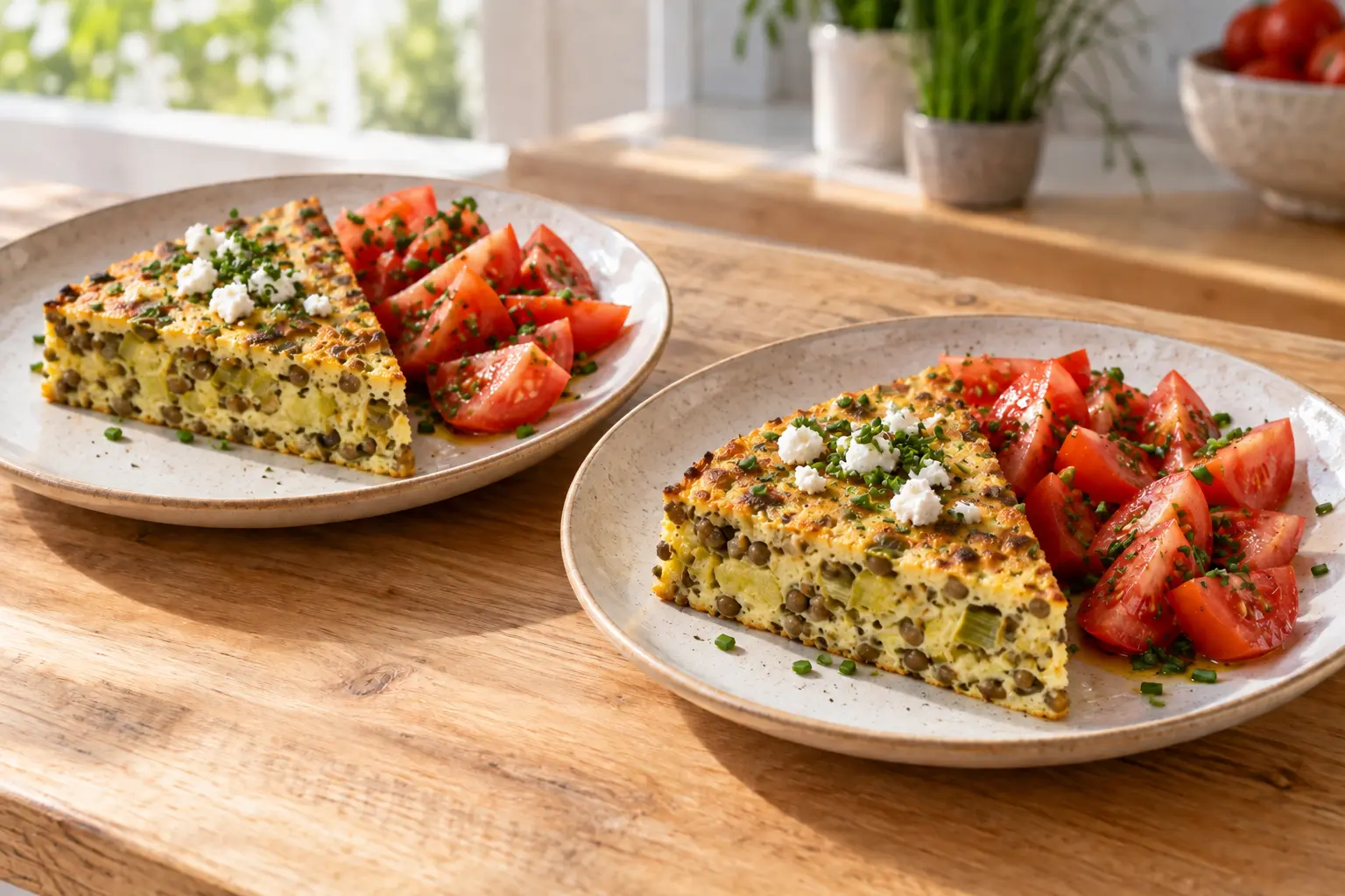 Flan doré aux lentilles vertes, poireaux et chèvre frais avec salade de tomates