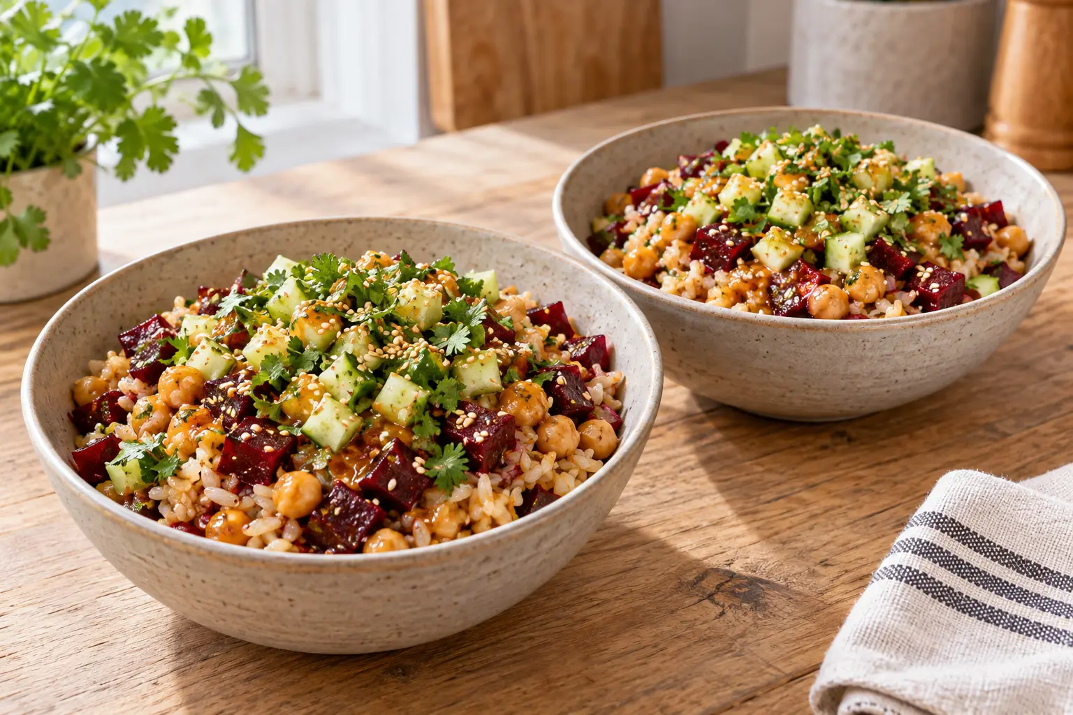 Deux bols de riz semi-complet croustillant aux pois chiches, betterave, concombre et sauce orange-sésame