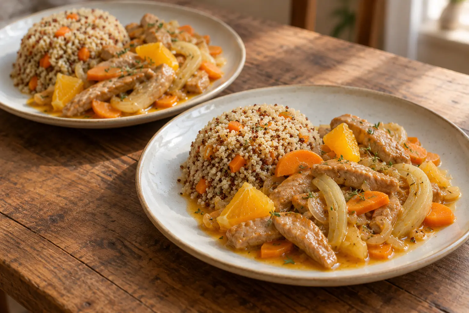 Émincé de veau à l’orange avec fenouil, carottes et quinoa servi dans deux assiettes