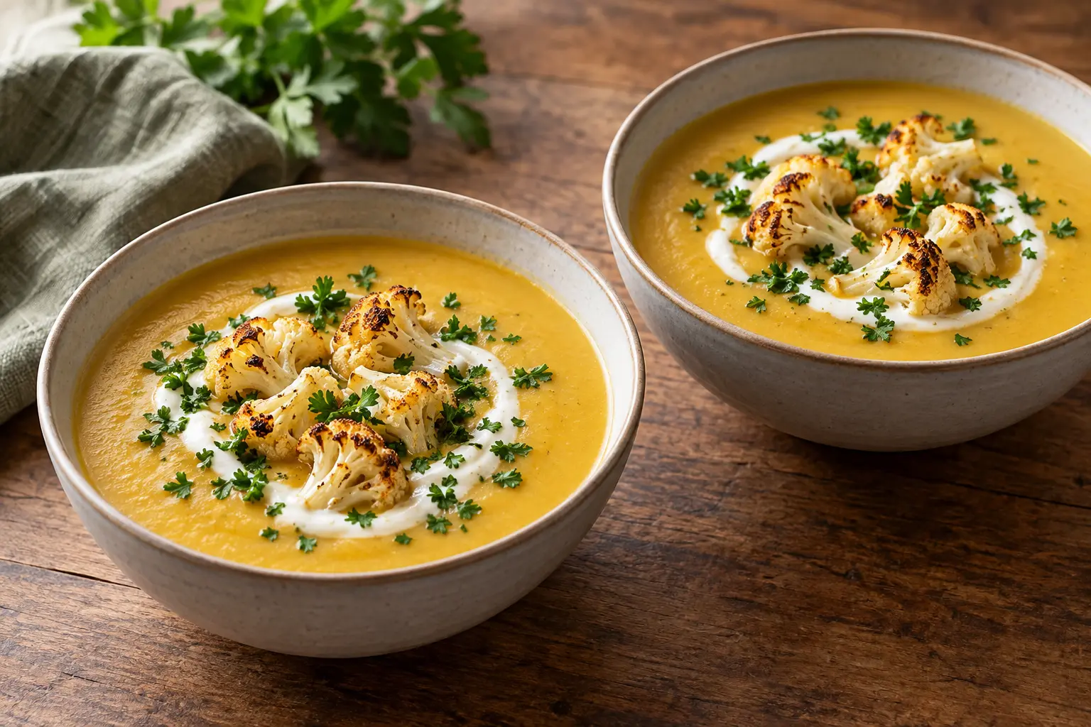 Deux bols de velouté de pois cassés garnis de chou-fleur rôti et de yaourt citronné