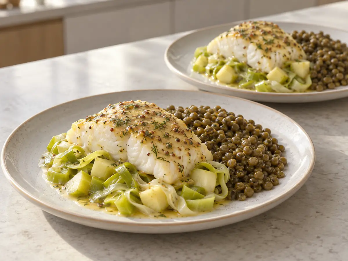 Deux assiettes de cabillaud en papillote sur poireaux et pomme avec lentilles vertes