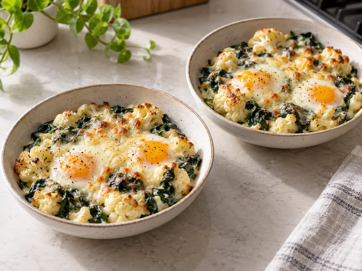 Deux portions de gratin de chou-fleur et épinards, chacune garnie de deux œufs et de fontina fondue