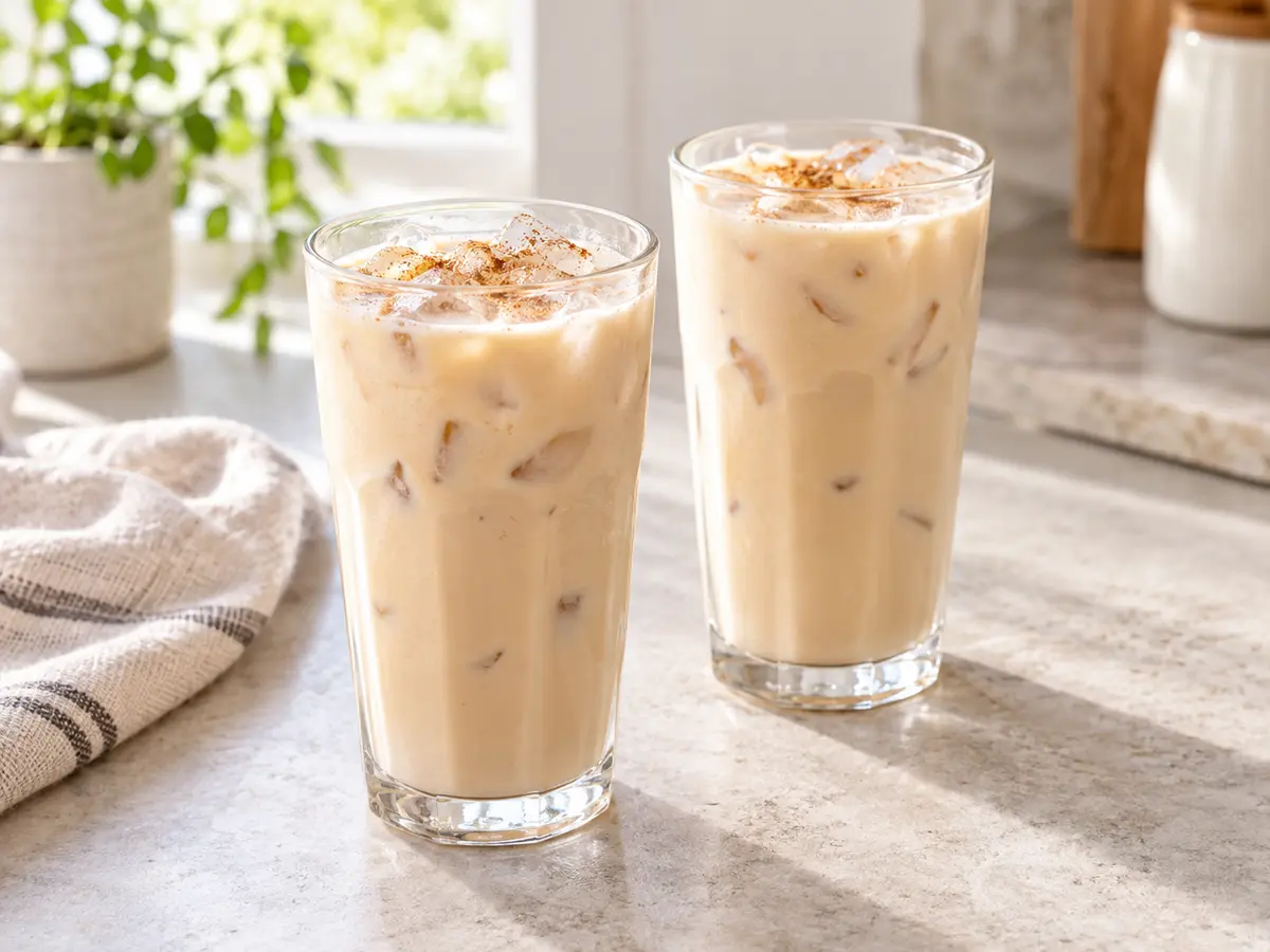 Deux grands verres de latte glacé à la chicorée, à la poire et à la cannelle