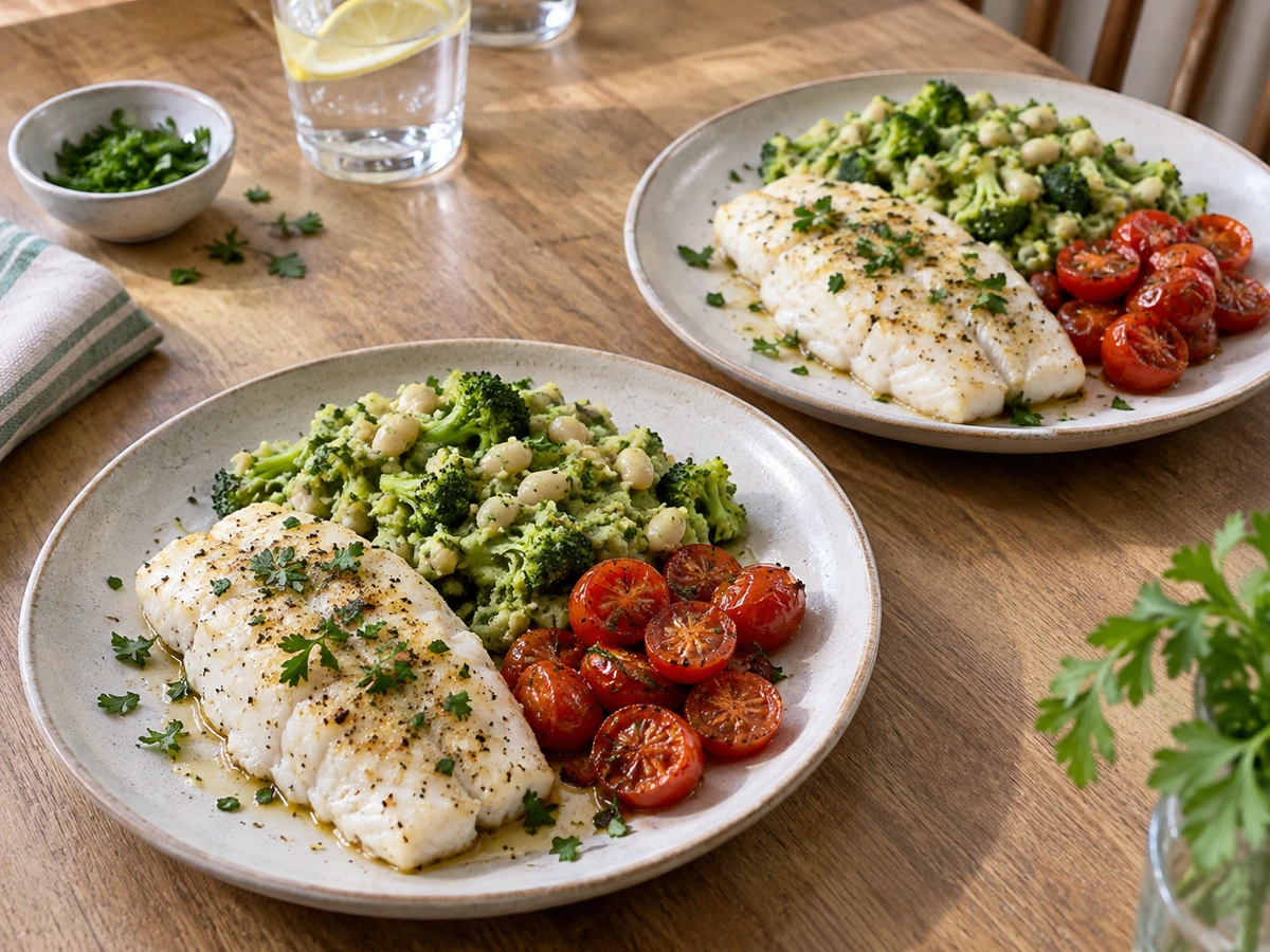 Deux assiettes de lieu noir rôti avec écrasé de brocoli et haricots blancs, tomates rôties et persil