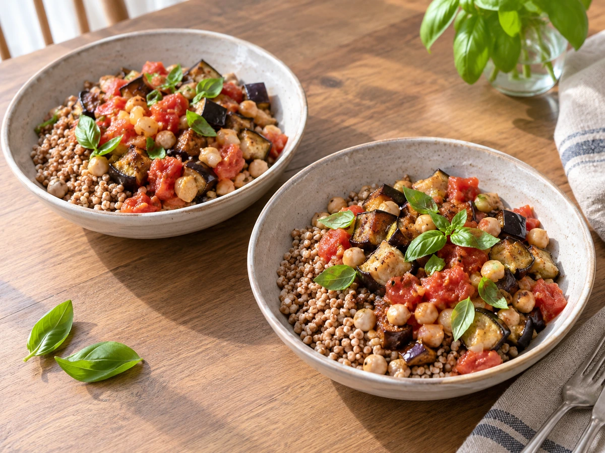 Deux bols de sarrasin aux aubergines rôties, pois chiches, tomates et basilic frais