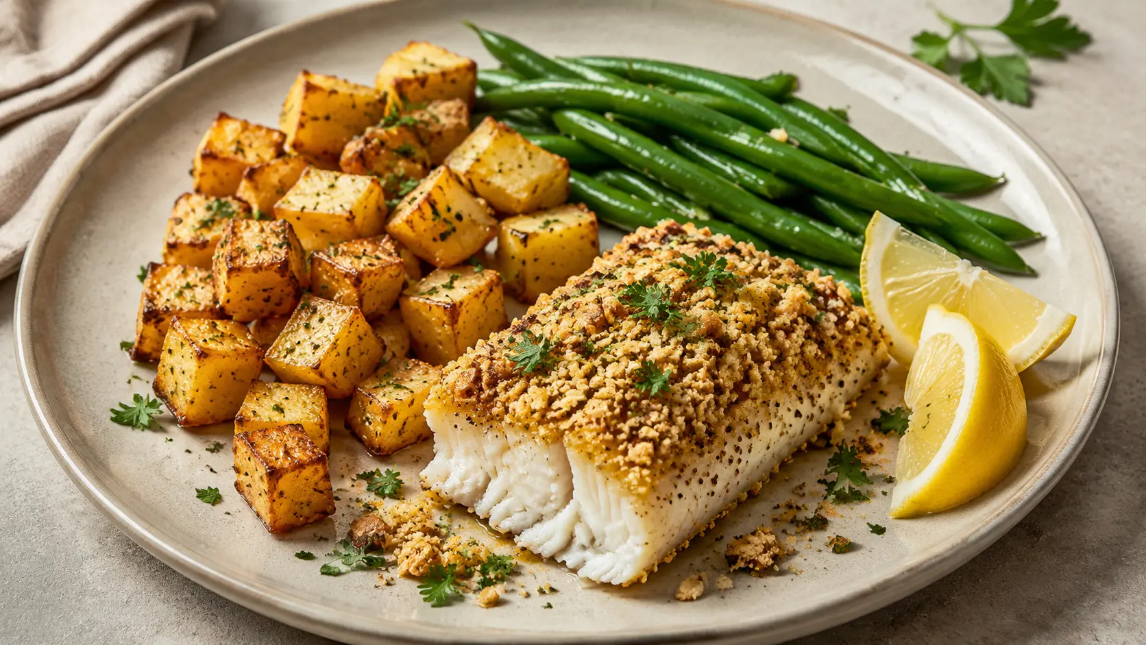 Cabillaud en croûte d’amande avec pommes de terre et haricots verts