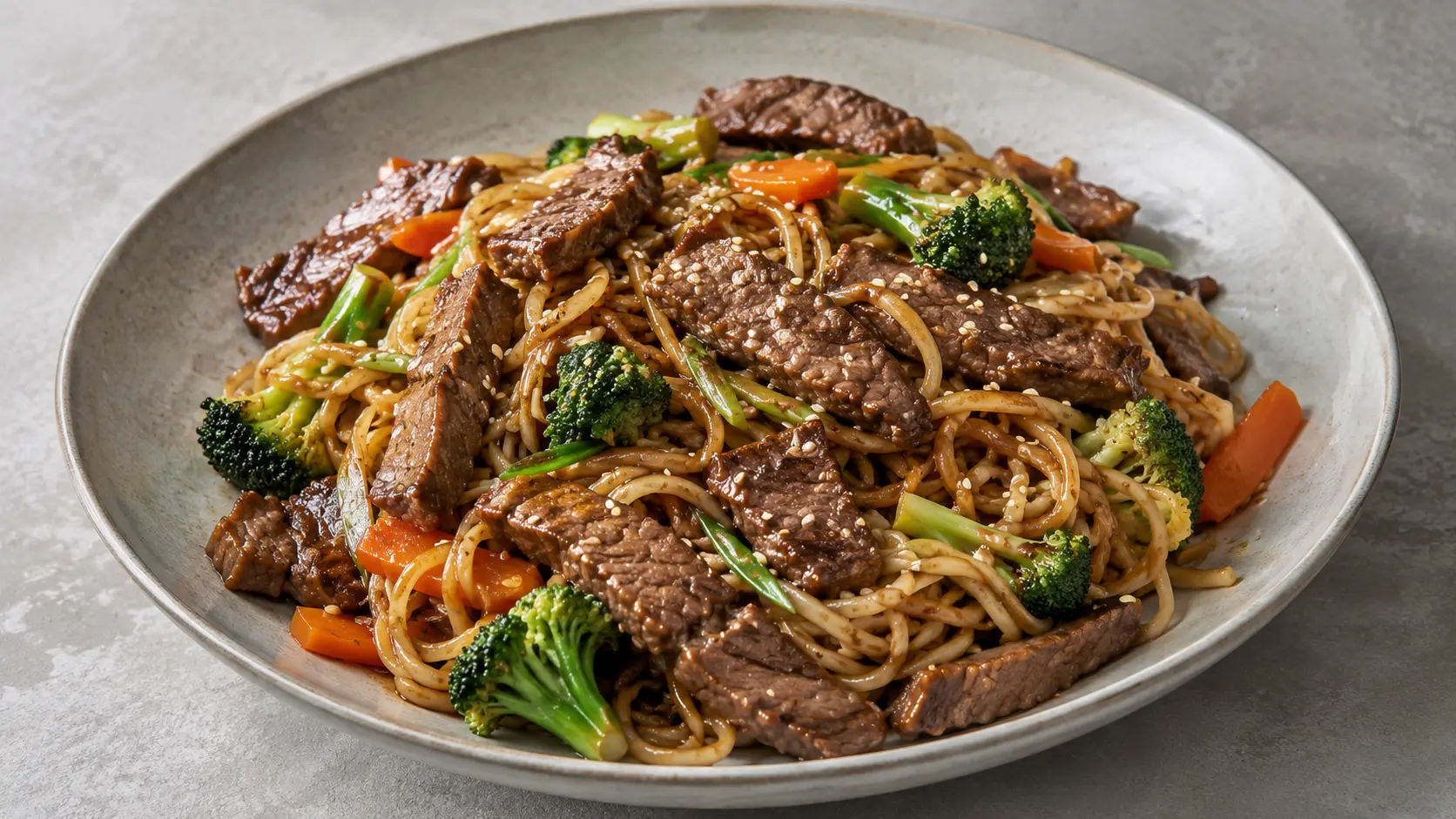 Bœuf au sésame avec nouilles, brocoli et carotte