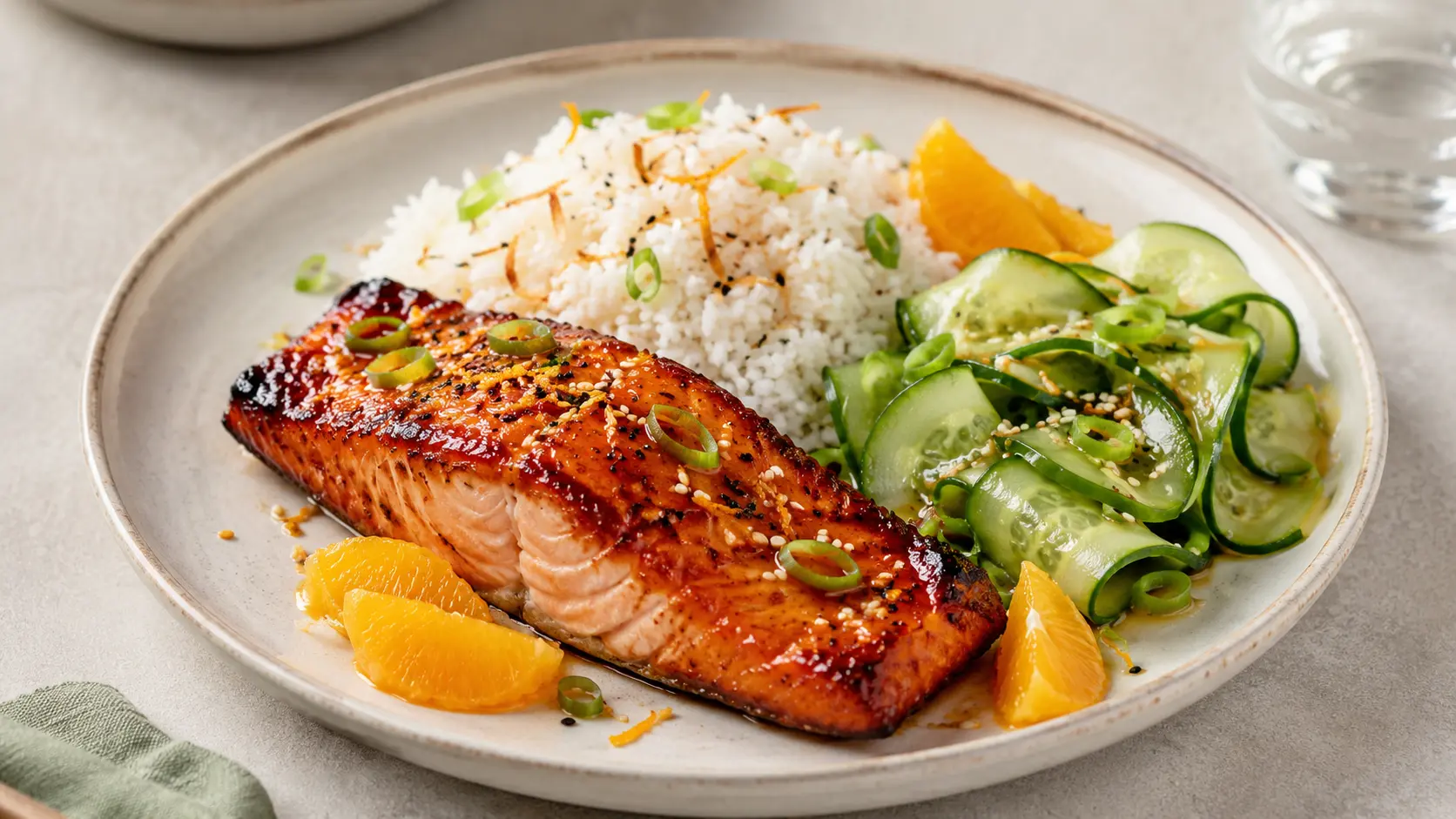 Saumon laqué orange-miso avec riz coco et rubans de concombre