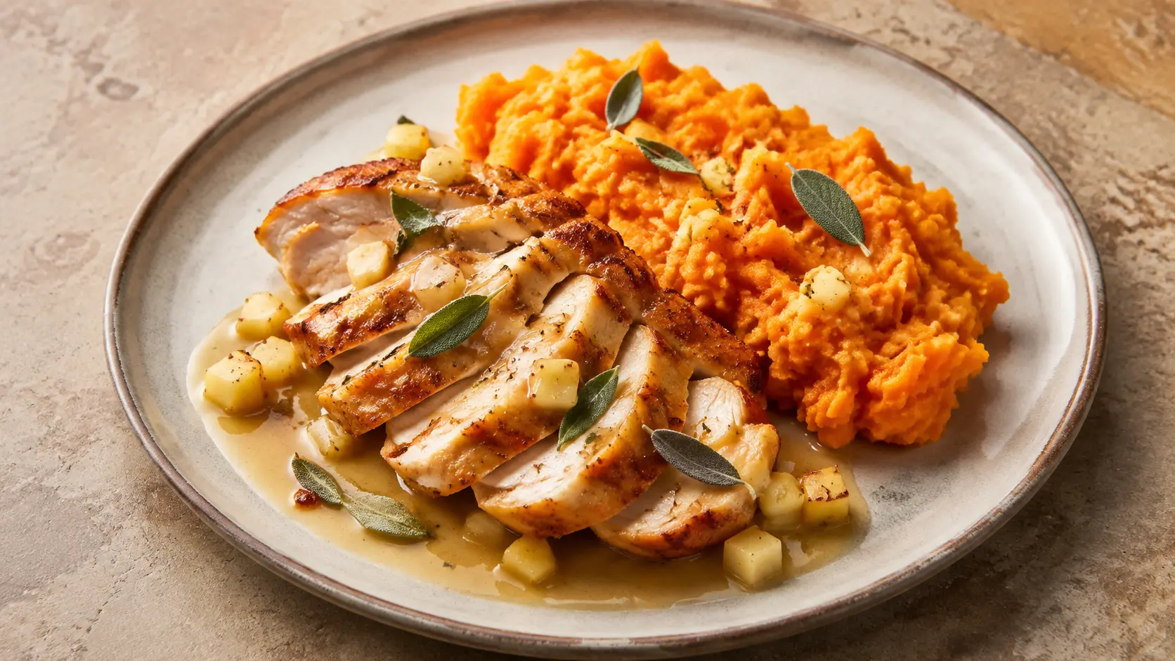 Poulet doré, sauce légère pomme-sauge et écrasé de carottes