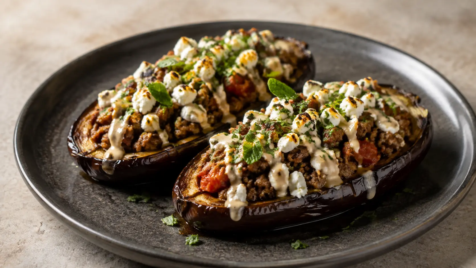 Demi-aubergines gratinées au bœuf épicé, feta et tahini