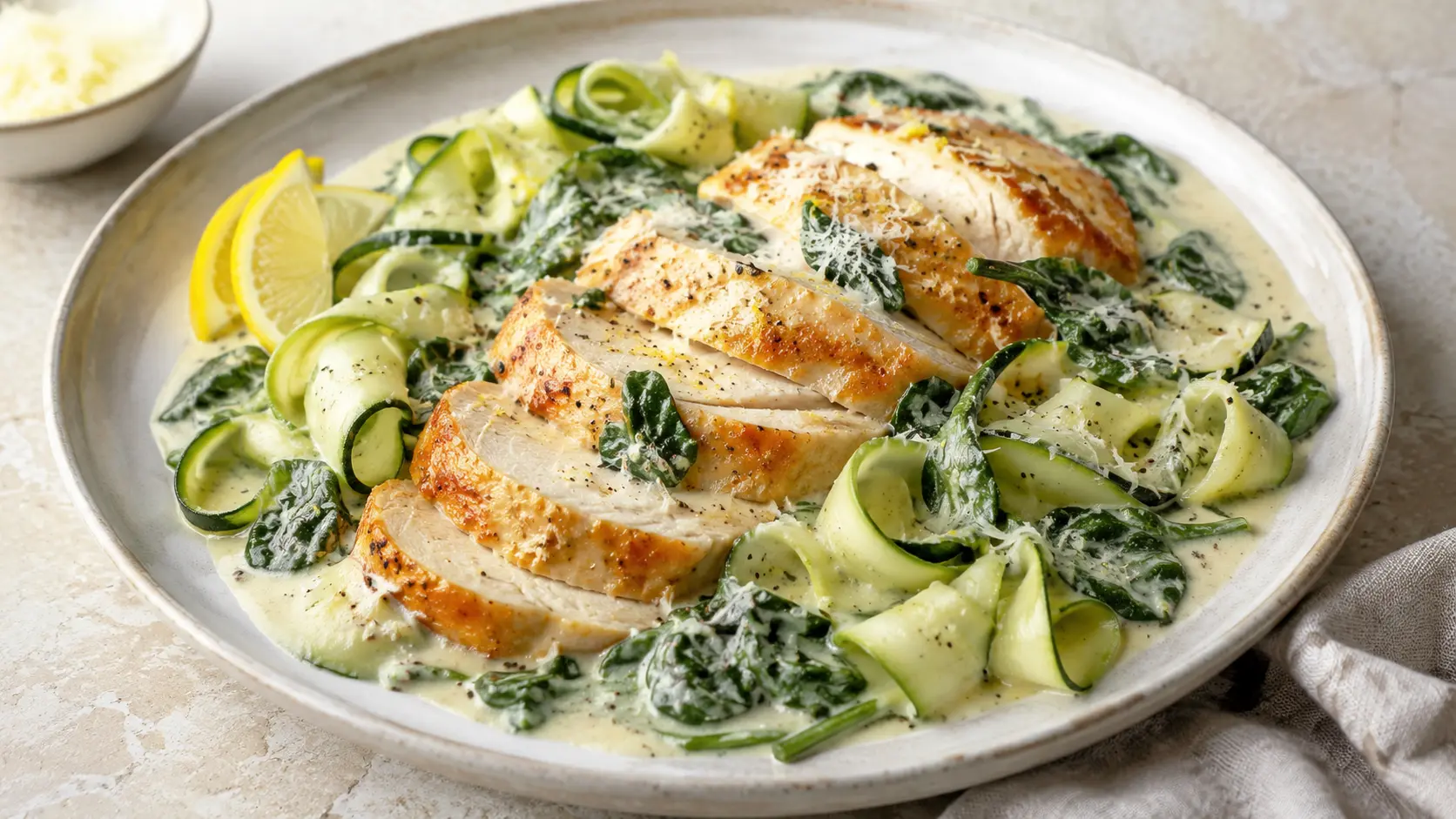 Poulet crémeux au citron et épinards avec rubans de courgette
