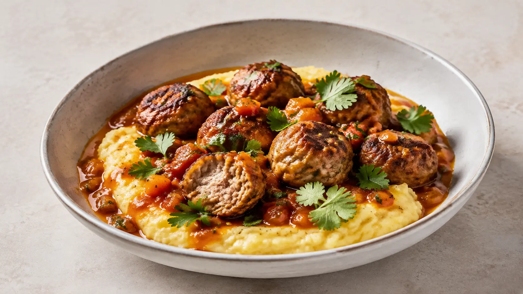 Boulettes de dinde abricot-harissa avec polenta crémeuse