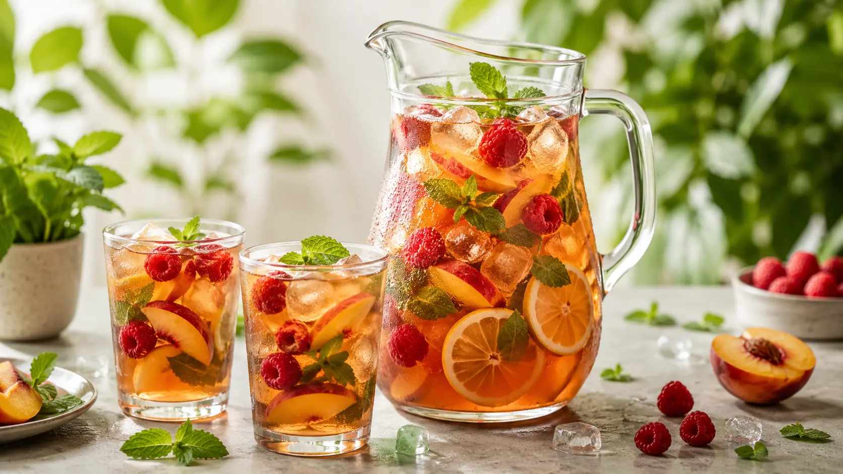 Pichet de thé glacé aux pêches, framboises et menthe