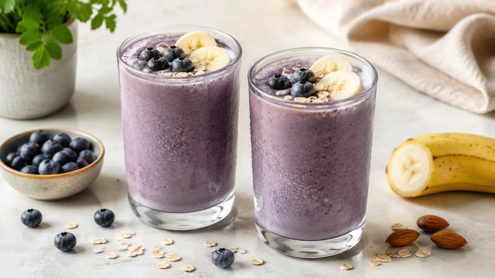 Deux verres de smoothie violet à la myrtille et à la banane