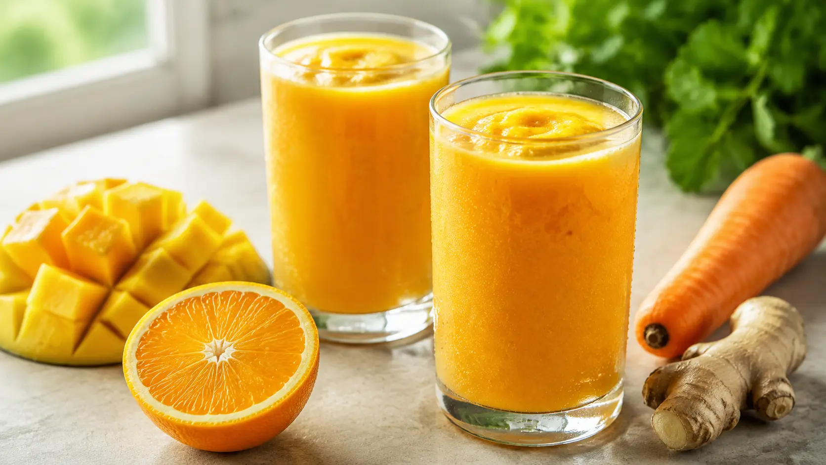 Deux verres de smoothie orange à la mangue et à la carotte