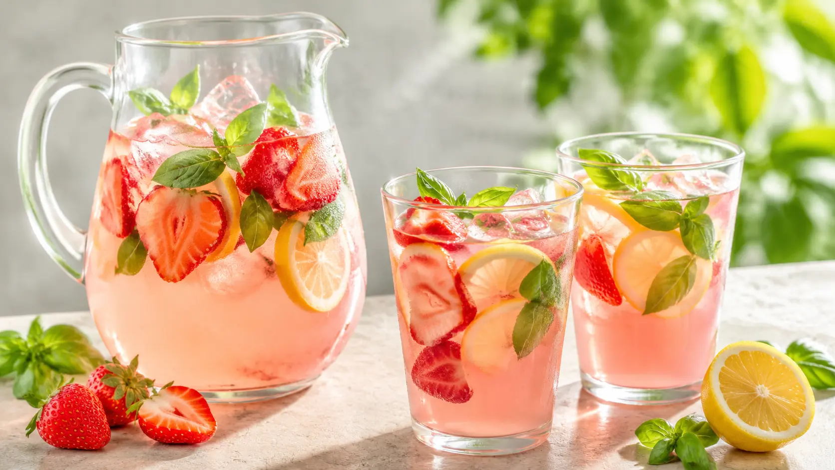 Pichet de citronnade rose aux fraises et au basilic