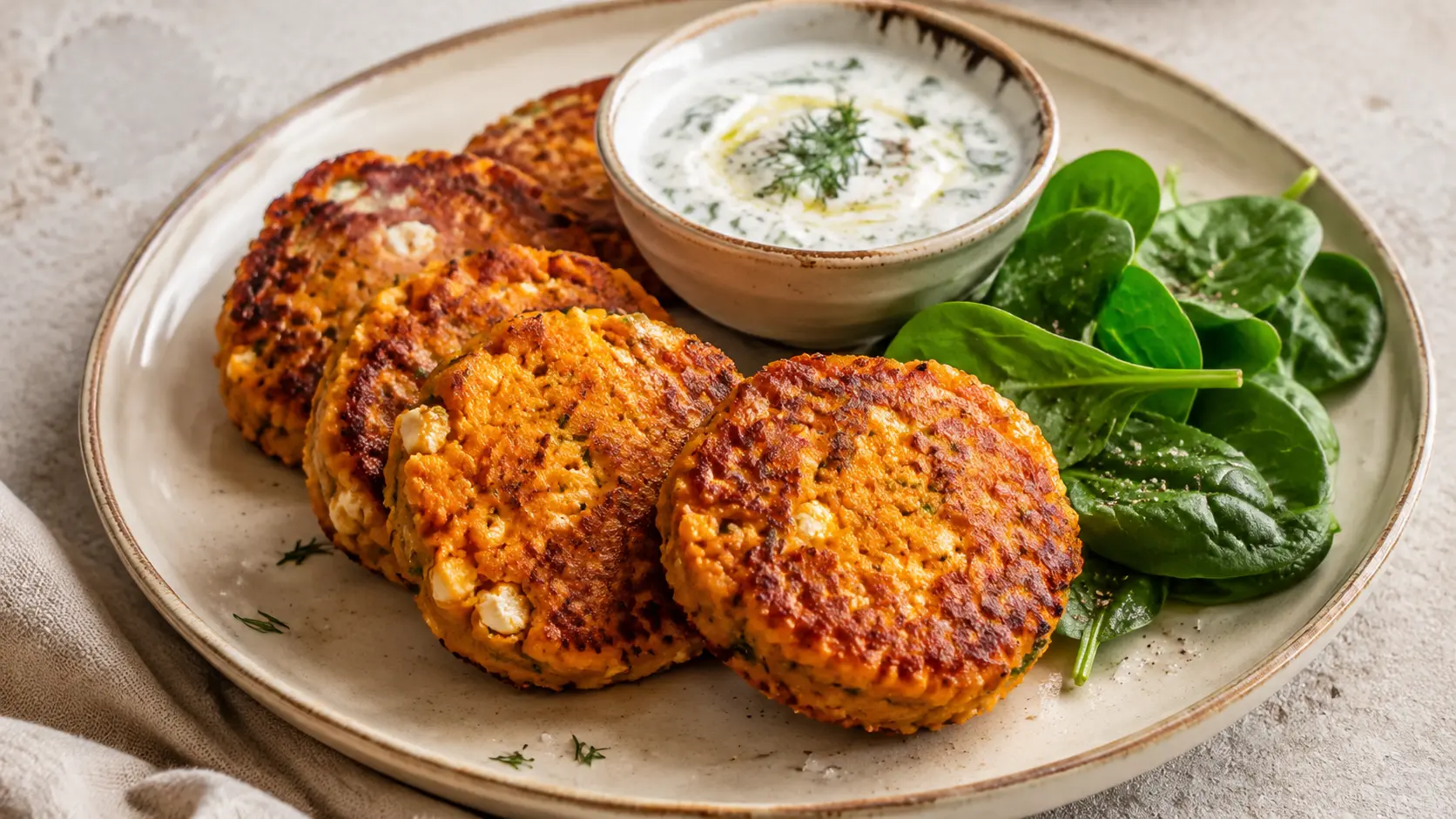 Galettes dorées de patate douce et feta avec sauce yaourt