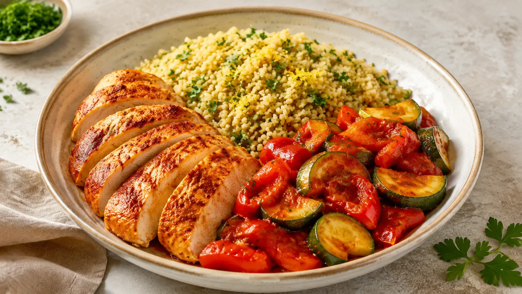 Dinde au paprika avec boulgour citronné et légumes