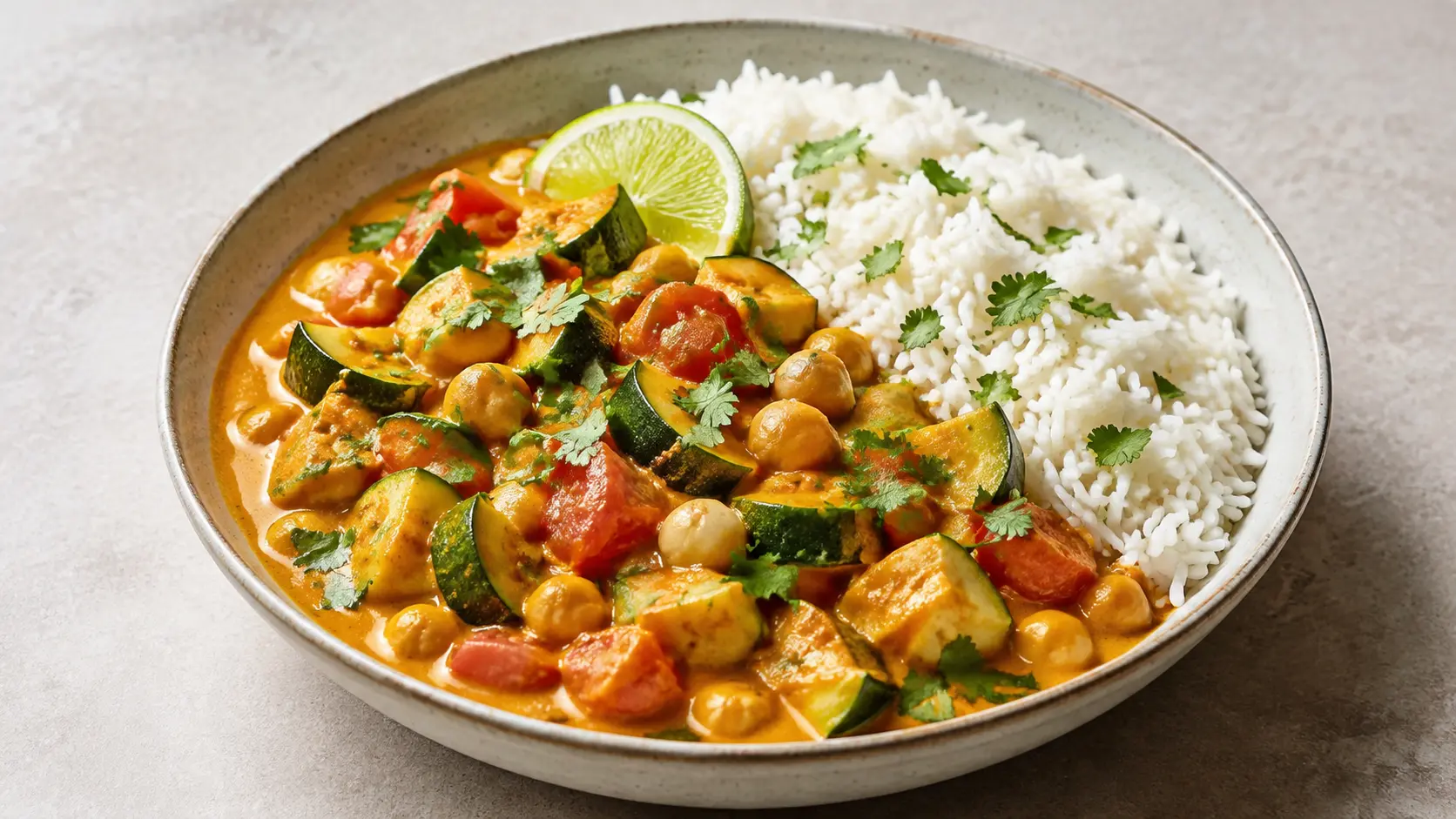 Curry coco de pois chiches et courgette avec riz basmati