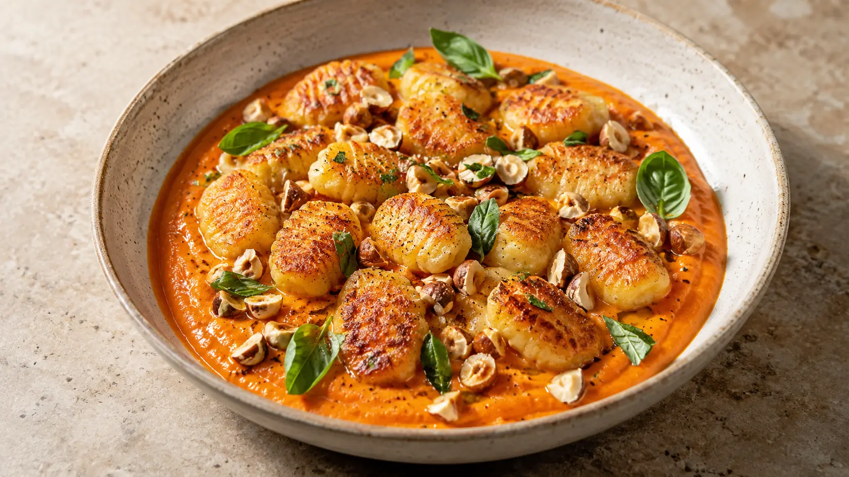 Gnocchis dorés sur crème de poivron rôti, noisettes et basilic